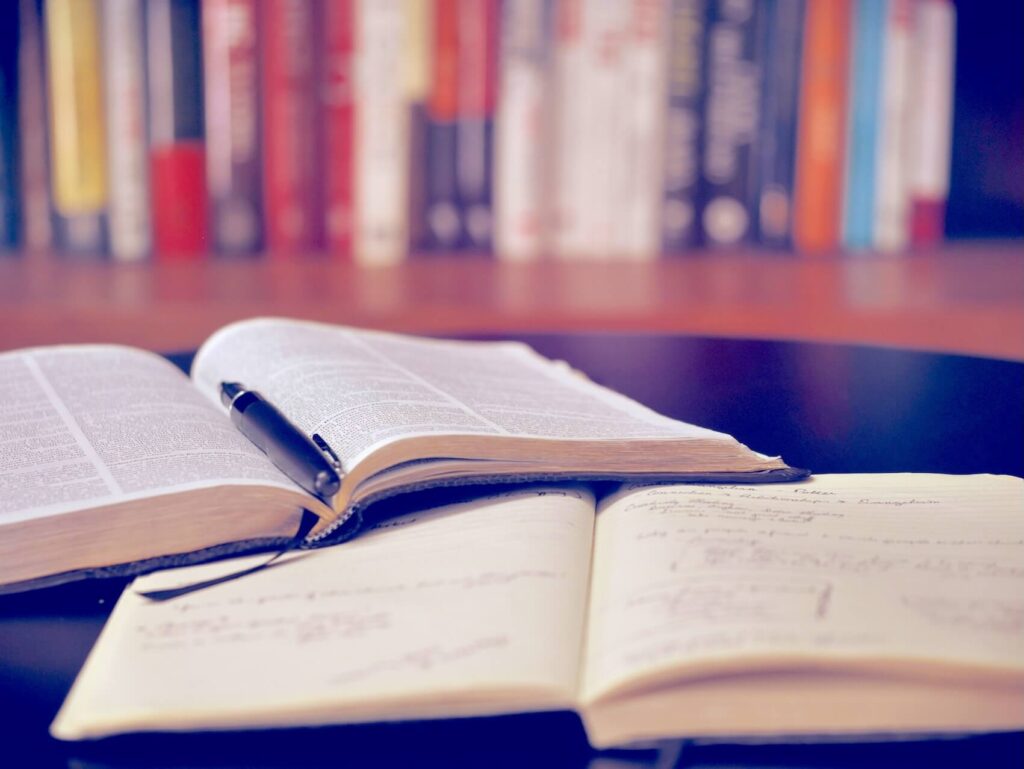An open English dictionary with a black pen resting on its pages against a blurred bookshelf background.
